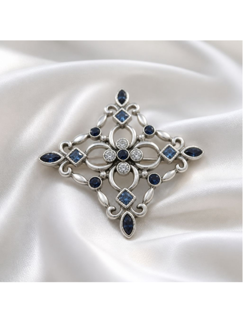 Lia Signed Blue Rhinestone Pin Brooch, filigree design